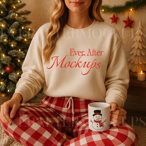 Gildan 18000 Sand Sweatshirt Mockup | G180 Tan Beige Crewneck Mock-up | Real Model Mock | Cozy Trendy Christmas Morning Aesthetic Sweater