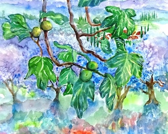 Watercolour "Fig Tree in Tuscany "  Original art, Plein air painting, Italy