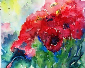 Original art " Brilliant Red Poppies " Watercolour 12 x 9 inches ( 30 x 23cm)  gift for garden lover , Bright Red flowers