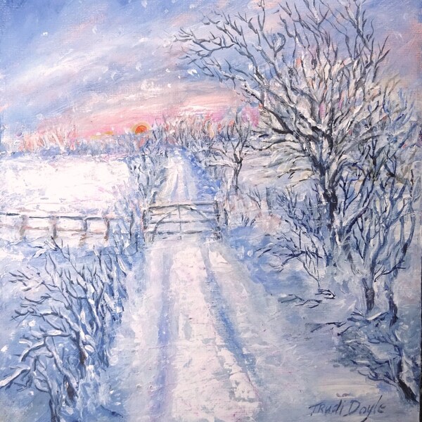 Snowscene "Snowy Sunset on the Lane" Original acrylic painting 8 x 10 inches (26  X 21 cm) on canvas, Christmas gift, Irish landscape
