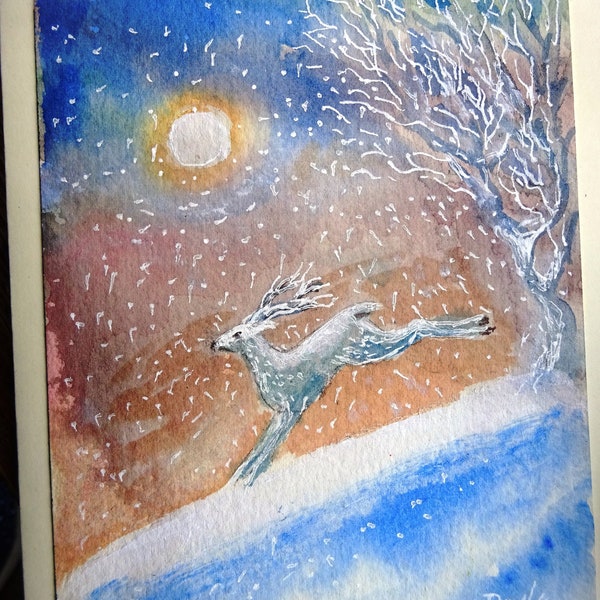 Unique Card -"Leaping Deer at Sunset " Winter watercolour-Original on card, Mini Art work, Hand Painted  -Lovely gift - suitable for framing
