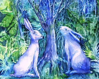 Fine Art Print "Winter Descends as Two Hares Contemplate the Moon" Various sizes available