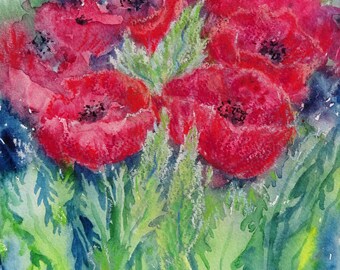 Original art " Circle of Poppies "  Paste and lWatercolour 10 x 7.5 inches ( 25 x 19cm)  gift for garden lover , Bright Red flowers