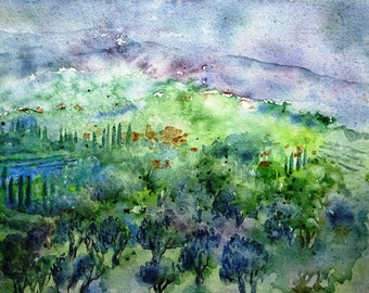 Tuscany watercolour "Rainy Clouds over Tuscan Landscape  - Original Watercolor painting -Italian Landscape, plein air painting