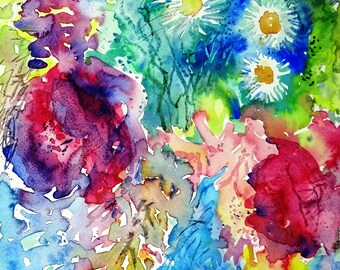 Summer Fantasy -Watercolour Original Expressionist Abstract art 12 x 9.5 ins (30 x 24cm)profusion, perennial garden. rewilding, flowers