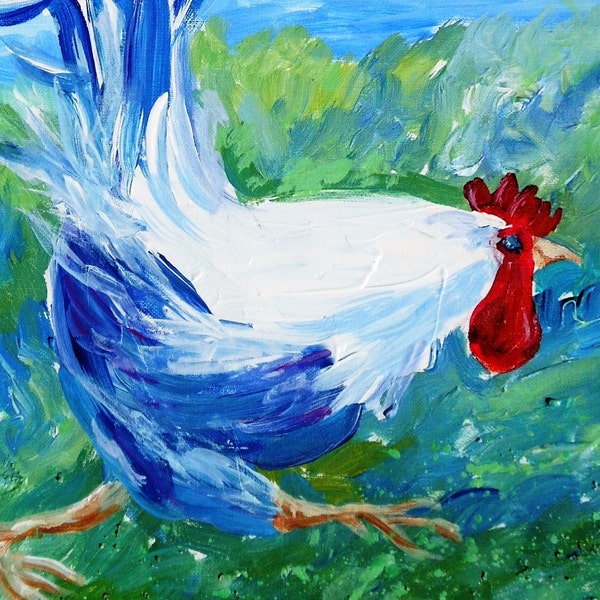 Running Rooster   - Original Acrylic Painting 12x12 inches SALE