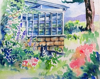 Original art "Collie Resting in the Garden " Watercolour size 10 x 8.5 inches. (24.5 x 22cm ).Gift for gardener  or dog lover