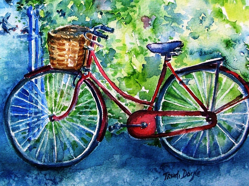 Mein rotes Fahrrad Fine Art Aquarell Druck ArchivQualität