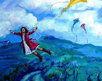 The Yellow Kite - 10 x 8 inch free ivory  mat  Print size 6 x 8 inches. Magic realism painting - a childs dream - kids room decor