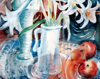 Lilies, Apples, Mythological art "Still Life Apples Lilies and  Egyptian Shabti "- Original watercolour painting -Art gift,