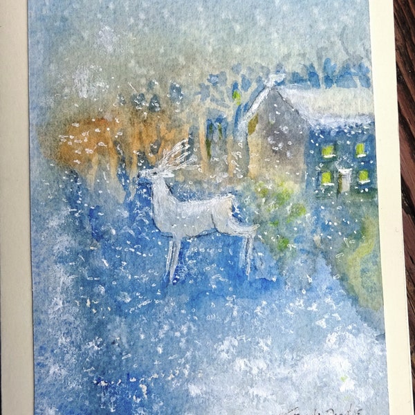 Unique Card "White Deer in Woodland " Winter watercolour-Original art on card, Mini Art work, Hand Painted,Lovely gift, suitable for framing