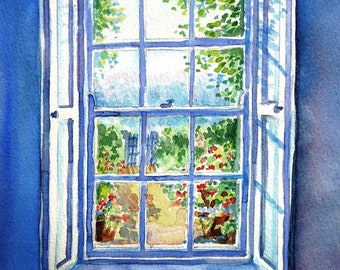 Window to the Garden- print of watercolour painting (A5 size) 6 x 8 ins with free mat-gift for garden lover