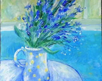 Original art 'Bluebells in a Spotted Jug'  8 x 8 inches impressionist acrylic painting on canvas board