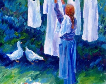 Hanging The Whites - Fine Art Giclee Print  Home decor art - Oil painting print - Washing line- white linens