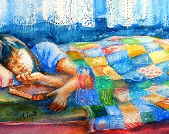 Watercolour " Afternoon Nap "  14 X 7.5 inches (35 x 19 cms) Original - Childrens room decor, patchwork quilt, craft painting, unframed