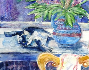 Large mixed media "Kitty on the window-sill"- Original watercolour & pastel painting  20 X 14 inches ( 50 x 36 cm)- Cat lovers gift