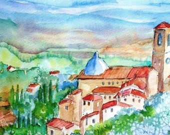 Watercolour, Italy "Tuscany Valley ,View of Medieval Massa " -Original  Painting,  Italy en plein air,