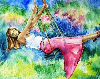 Girl on a Swing- watercolour art print  (A5 size) 6 x 8 ins with free 8 x 10 mat