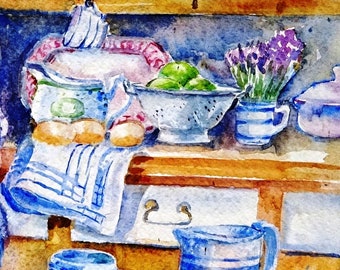 Kitchen  art, Lemons, Traditional Dresser - Original watercolour painting, Country living, Rustic home art 8.5 x 16 inches (40 x 21 cm )