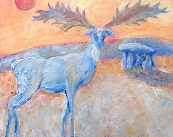 Original art "Re-imagined Irish Elk and Haroldstown Dolmen" Acrylic on square deep canvas,12 x 12 inches Mythological art, Dolmen art