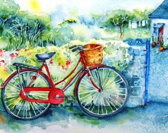 My Red Bicycle -Fine Art watercolour Print - Beautiful quality in several sizes -