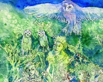 What the Owl Sees- Watercolour Art, woodland, mythology, nature goddess, animals, deer, fox, hare, fairy, natural world, wild nature
