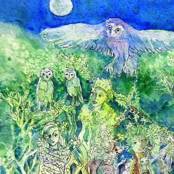 Was die Eule sieht – Aquarellkunst, Wald, Mythologie, Naturgöttin, Tiere, Hirsch, Fuchs, Hase, Fee, natürliche Welt, wilde Natur