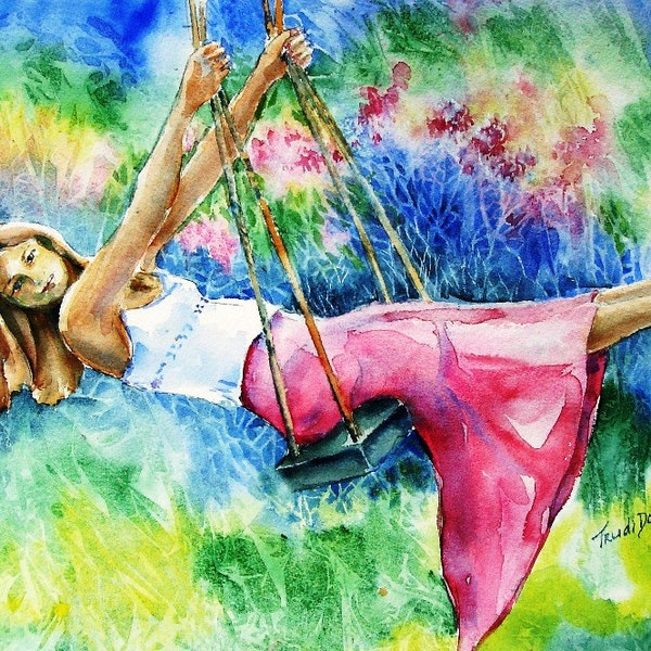 Girl On A Swing - Giclee Fine Art watercolour Print - Choice of  sizes