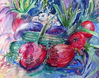 Vegetable Medley-Home and Kitchen  art. Original watercolour painting, Country living, Rustic home art 11.5 x 10 inches (29 x 25 cm )