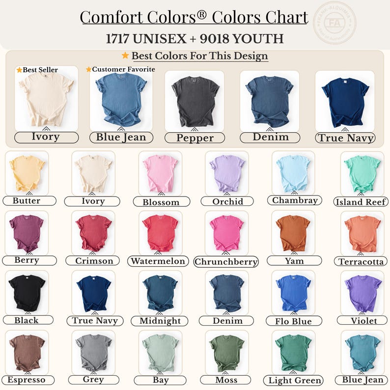 Pode incluir: Uma tabela de cores de camisetas Comfort Colors 1717 Unisex e 9018 Youth exibindo vinte e nove camisetas de manga curta em v&aacute;rias cores s&oacute;lidas, cada uma rotulada com seu nome espec&iacute;fico, incluindo Ivory, Blue Jean, Pepper, Denim e True Navy.