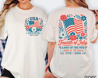 Patriotic Floral Flag Shirt, Front Back USA Graphic Tee, Fourth of July Comfort Colors Shirt, Land of the Free Tee