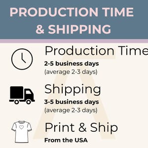 Pode incluir: Um gr&aacute;fico informativo com um cabe&ccedil;alho azul que diz PRODUCTION TIME & SHIPPING. Lista o tempo de produ&ccedil;&atilde;o de 2 a 5 dias &uacute;teis, envio de 3 a 5 dias &uacute;teis e impress&atilde;o e envio dos EUA, acompanhado por &iacute;cones de rel&oacute;gio, caminh&atilde;o e camiseta.