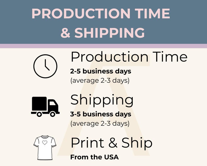 Pode incluir: Um gr&aacute;fico informativo com um cabe&ccedil;alho azul que diz PRODUCTION TIME & SHIPPING. Lista o tempo de produ&ccedil;&atilde;o de 2 a 5 dias &uacute;teis, envio de 3 a 5 dias &uacute;teis e impress&atilde;o e envio dos EUA, acompanhado por &iacute;cones de rel&oacute;gio, caminh&atilde;o e camiseta.