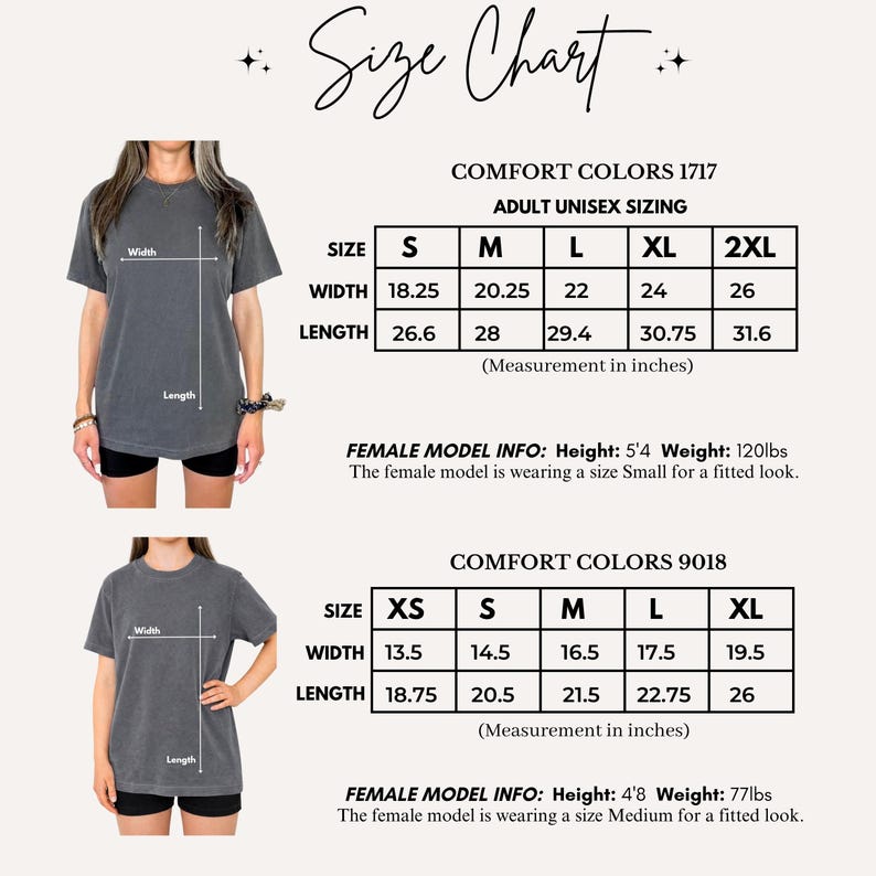 Pode incluir: Uma tabela de tamanhos para camisetas Comfort Colors 1717 e 9018. A tabela exibe medidas de largura e comprimento em polegadas para tamanhos de XS a 2XL. Duas imagens mostram uma pessoa vestindo uma camiseta cinza escuro com linhas brancas.