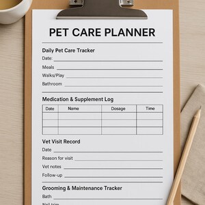 Pet Care Planner Printable - Daily Tracker, Vet Visit Log, Medication ...
