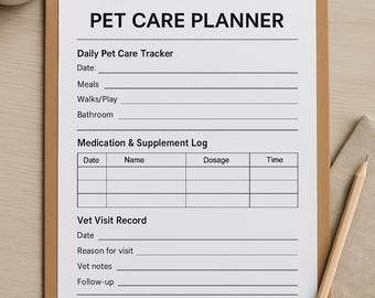 Pet Care Planner Printable - Daily Tracker, Vet Visit Log, Medication Sheet - Pet Care - Pet Wellness PDF