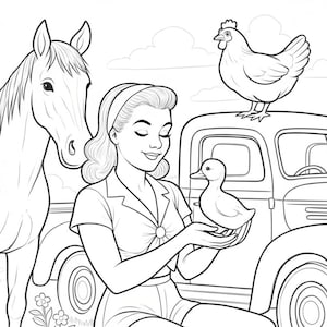 Könnte beinhalten: Schwarz-Weiß-Illustration einer Frau, die ein Entenküken hält, mit Hühnern, einem Pferd und einem Oldtimer-Truck im Hintergrund. Die Frau sitzt auf einer Holzbank. Blumen und Wolken sind ebenfalls zu sehen.
