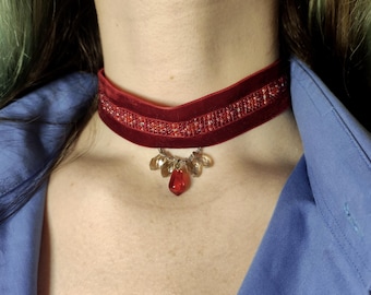 Victorian Red Velvet Choker - Beaded Choker