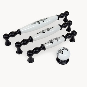 BELMIRA kastkruk en knop – zwart met wit porselein | Middernachtbloesem | Keuken | Lade | Dressoir | Belnua