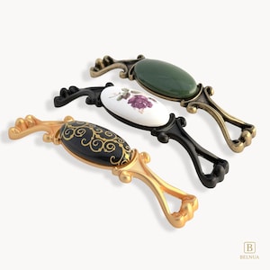 NUREYA Cabinet Handles, Green - White - Black | Purple Rose | Golden Scroll | Heritage Elegance | Belnua