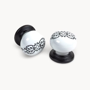 ZERRA White Cabinet Knob, Black with Porcelain | Petal | Handmade | Kitchen Dresser Drawer Hardware | Belnua