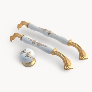 ROSMIRA Skåphandtag och knopp – Guld med vitt porslin | Blossom | Kök | Låda | Garderob | Byrå | Belnua