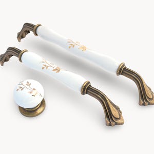 ROSMIRA Cabinet Handle & Knob – Antique Brass with White Porcelain | Floral | Kitchen | Cabinet | Drawer | Belnua