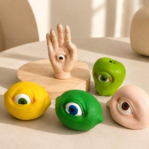 Op de afbeelding: Een verzameling van vijf decoratieve sculpturen, waaronder een bleke hand met een oog in de palm, een gele citroen met een oog, een groene limoen met een blauw oog, een groene appel met een oog en een bleek rond object met een bruin oog.