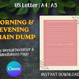 Op de afbeelding: Een printbare plannerpagina met een crèmekleurige achtergrond en groene bladaccenten. De pagina bevat twee roze secties met de tekst Morning Brain Dump en Evening Brain Dump, elk voorzien van horizontale lijnen voor het maken van notities.
