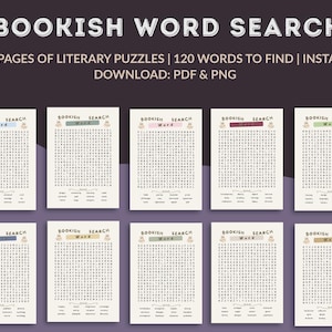 Pode incluir: Uma coleção de dez quebra-cabeças de busca de palavras para impressão com o título "Bookish Word Search". Cada página apresenta um cabeçalho de cor diferente e uma grade de letras. O texto diz "10 páginas de quebra-cabeças literários | 120 palavras para encontrar | Download instantâneo: PDF e PNG."