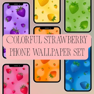 Strawberry Phone Wallpaper Set - 6 Colorful Fruit Backgrounds | PNG | JPG | 300 DPI | Digital Download