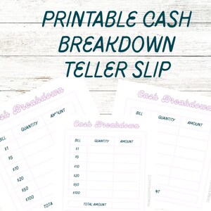 Cash Breakdown Slip Printable Bank Teller Slip Printable Cash Slips Teller Bank Slips Cash Budgeting Printable