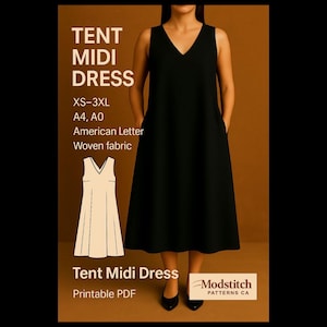 Może przedstawiać: Czarna sukienka midi w kształcie namiotu z dekoltem w serek i kieszeniami. Sukienka sięga do kolan i jest wykonana z tkaniny tkanej. Obraz zawiera tekst "TENT MIDI DRESS" i "Printable PDF". Dostępna w rozmiarach XS-3XL.