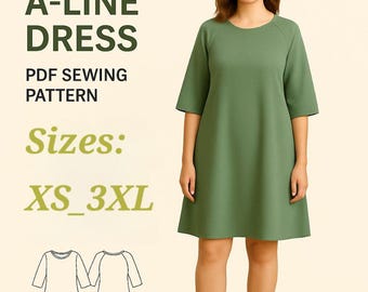 Patrón de costura en PDF para vestido de corte A con mangas raglán / Vestido recto holgado / Apto para principiantes / Tallas XS-3XL / A4, A0, Carta de EE. UU., Vestido cómodo digital